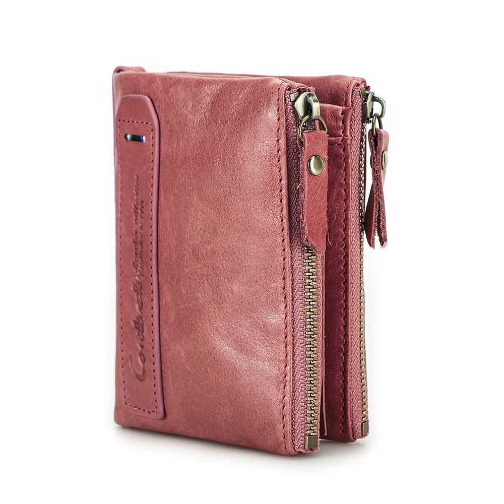 Fashion Genuine Leather Women Wallet Bi-fold Wallets Red ID Card Holder Coin Purse With Double Zipper Small Women's Purse 2022