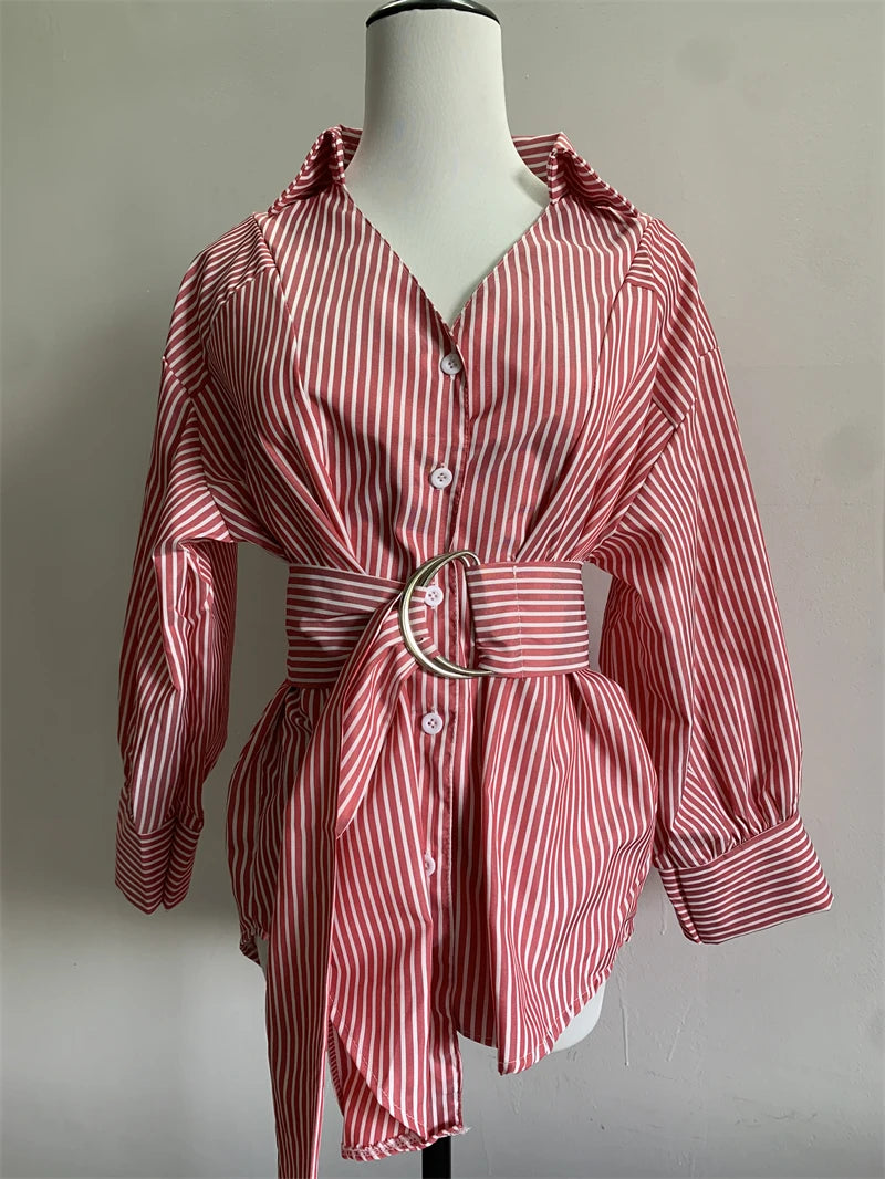 Women's Striped Shirt – Belted, Loose Fit, Long Sleeve Casual Blouse