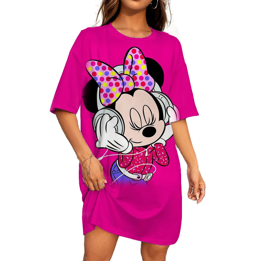 Disney Mickey Mouse Casual Dress – Loose Fit, Round Neck, Short Sleeve, Summer Party Style.