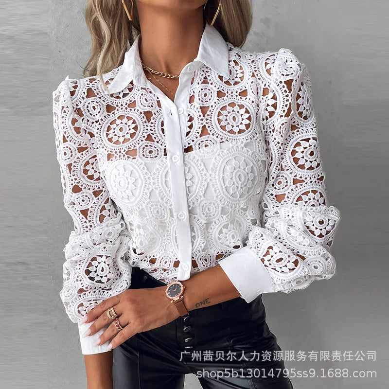 Women's Lace Blouse – Elegant Long Sleeve Button-Up Shirt, Office Chic (2024)