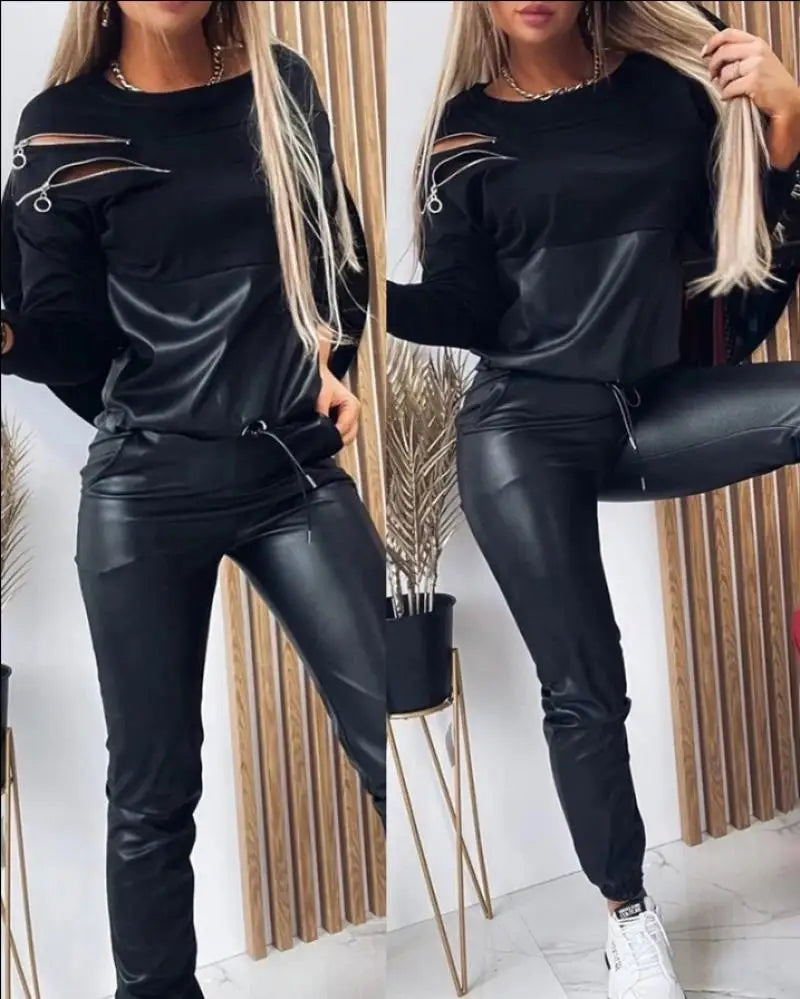 Elegant Two Piece Set for Woman Women's Two Piece Casual Fashion O-Neck Zipper Pu Leather Patch Hoodie Pulling Rope Pu Pants Set