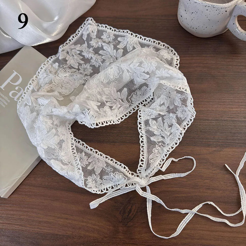 Summer White Woven Floral Lace Hair Scarf Wraps Women Retro Triangle Headscarf Hat Travel Photo Headband Hair Accessories INS