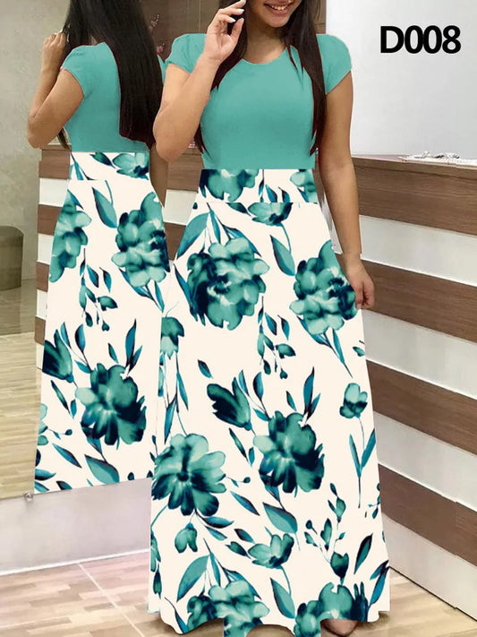 Leisure and loose fitting 2024 spring/summer fashionable flower print color blocking short sleeved women's elegant dresses