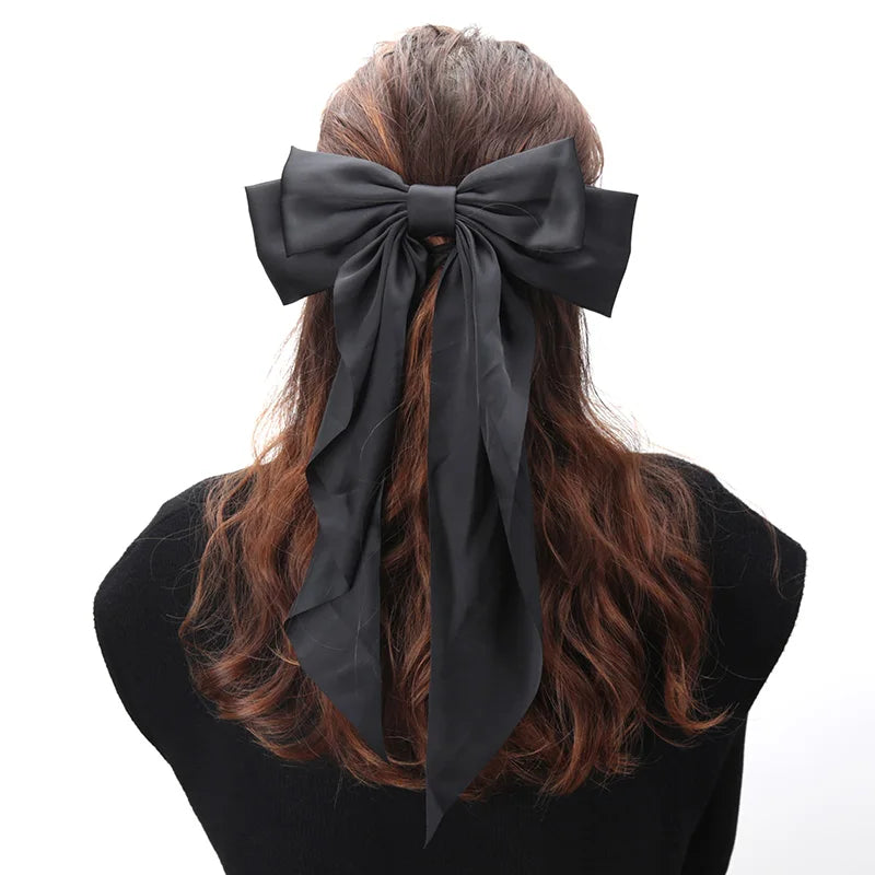 Elegant Bow Ribbon Hair Clip for Women Fashion Solid Satin Black Clip Simple Hairpin Headband with Clips Girls Hair Accessories