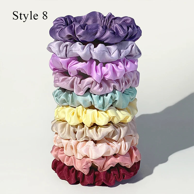 10pcs/pack Women Colorful Satin Silk Scrunchies Elastic Hair Bands Solid Color Dot Hair Ties Ponytail Holder Hair Accessories