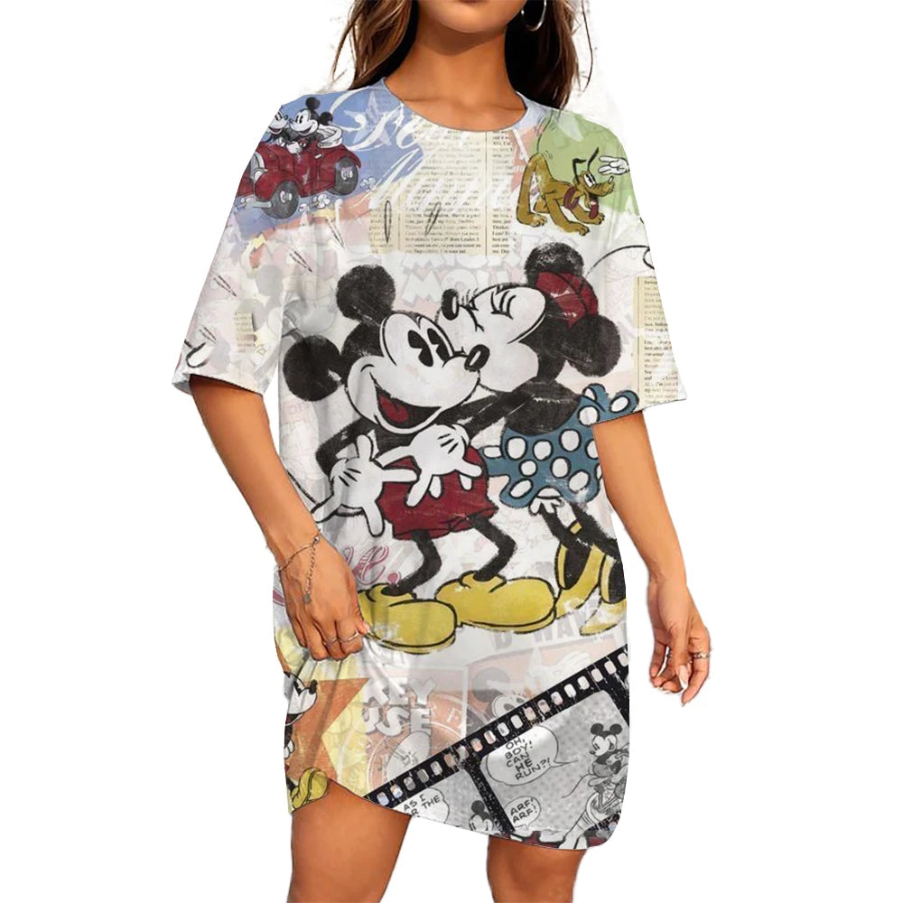 Disney Mickey Mouse Casual Dress – Loose Fit, Round Neck, Short Sleeve, Summer Party Style.