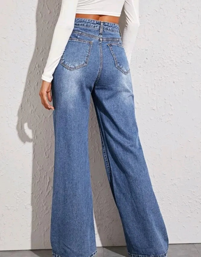 Women Denim Wide Leg Pants Jeans Washing Loose High Waist Pockets Zipper Fly Solid Ankle Length Basics 2024 Distressed