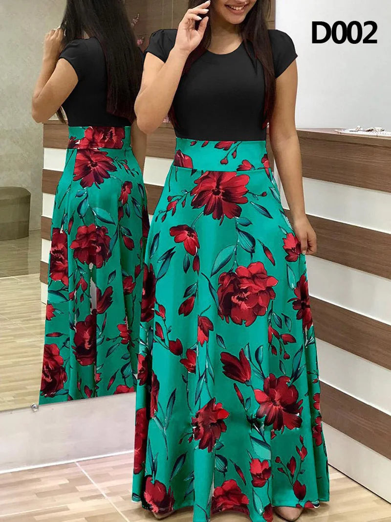 Leisure and loose fitting 2024 spring/summer fashionable flower print color blocking short sleeved women's elegant dresses