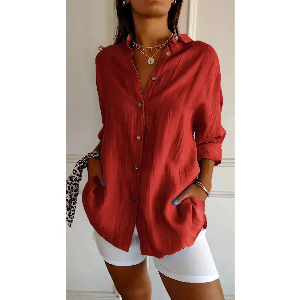 Women's V-Neck Cotton Linen Shirt – Loose Fit, Button-Up, Retro Office Top