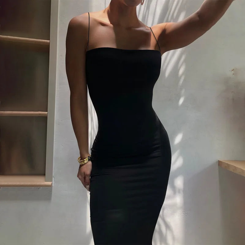 Women Solid White Black Strap Midi Dress Bodycon Sexy Streetwear Party Club Elegant Fashion Clothes