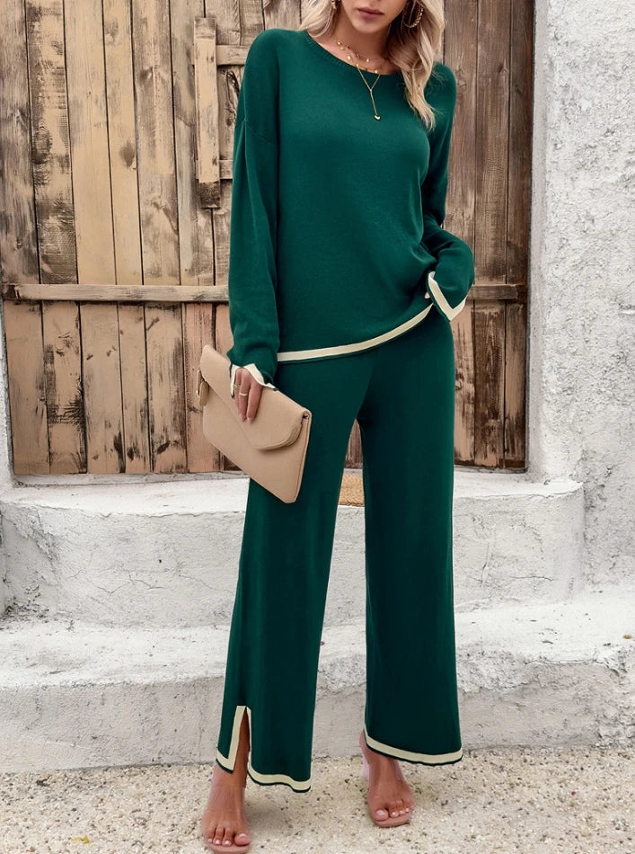 Elegant Women's Sets Casual Solid Color Contrasting Knitted Sweater Long Sleeved Long Pants Straight Leg Casual Pajama Pants Set