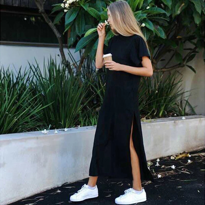 Summer Korean Style Midi Dress – Casual Black Maxi T-Shirt Dress for Women