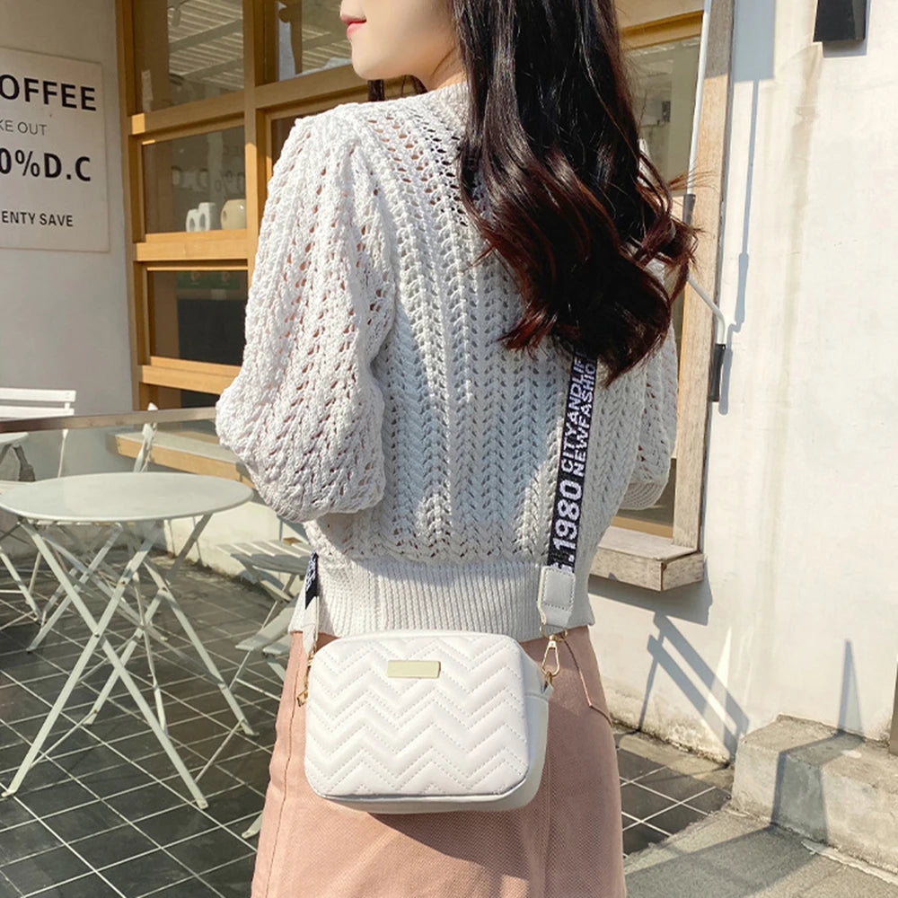 Fashion Wave Pattern Women Shoulder Bag Solid Color Crossbody Bag PU Leather Wide Shoulder Strap Bag Purse Female Handbags