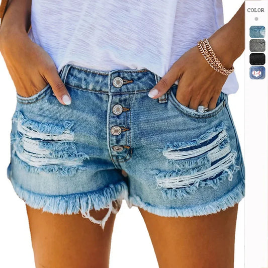 Ripped Vintage Denim Women Jeans Shorts Washed Tassel Button High Waist Holes Spliced Summer Pockets Distressed 2025 Basics