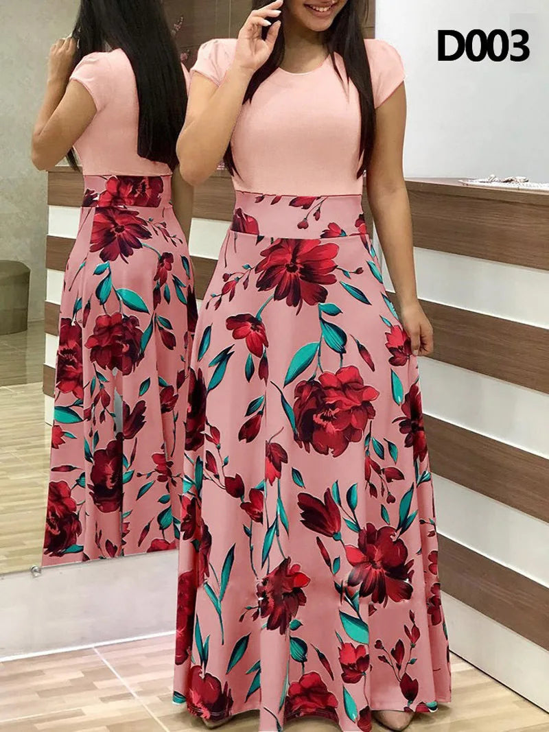 Leisure and loose fitting 2024 spring/summer fashionable flower print color blocking short sleeved women's elegant dresses