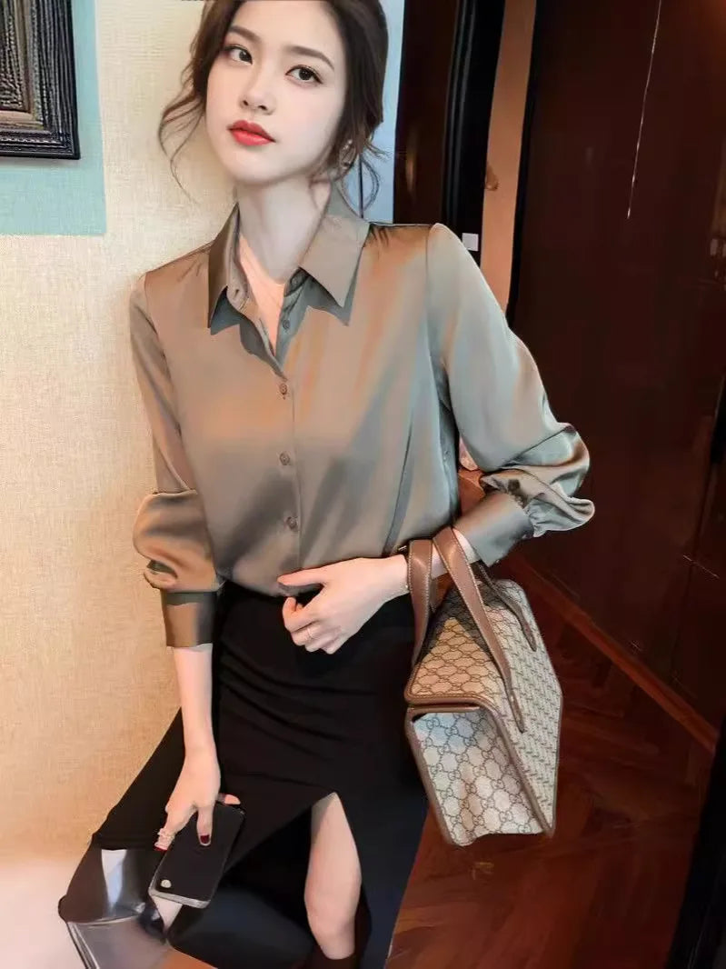 Women's Satin Shirt – Elegant Slim Fit, Long Sleeve Office Blouse (2024)