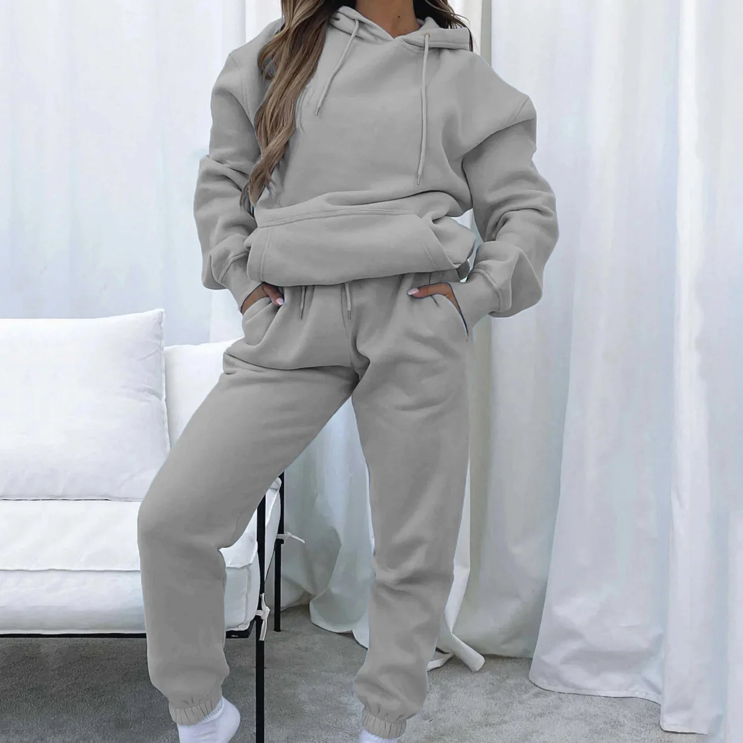 Women Two Piece Sets Tracksuit outfit Hooded Sweatshirts Pocket Drawstring Long Pants Suit Thick Casual Office Lady Autumn