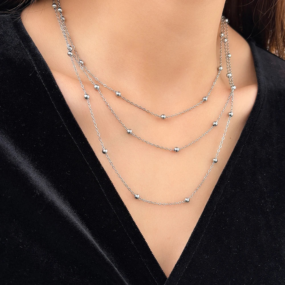 Stainless Steel Necklace New High-end Atmosphere Delicate Beads Multi-Layers Chain Bone Necklace For Women Jewelry Party Gifts