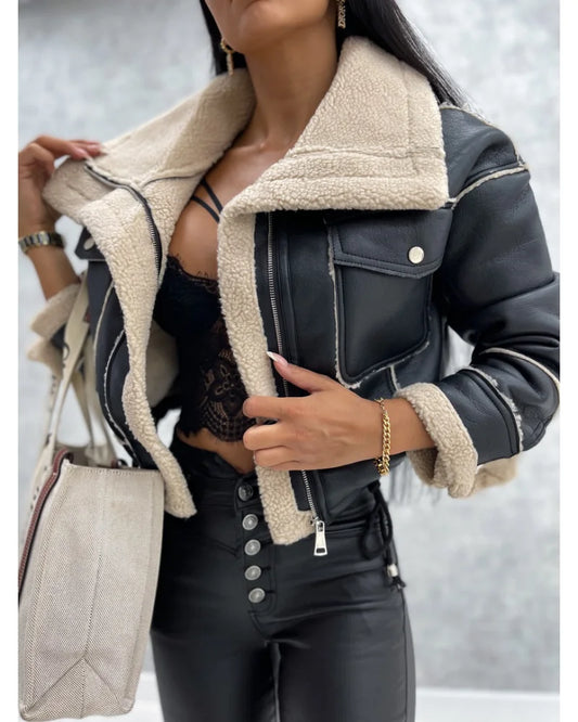 Faux Leather Jackets Women PU Short Thick Warm Black Outwear Female Aviator Retro Lapel Velvet Coat New Year Winter Tops