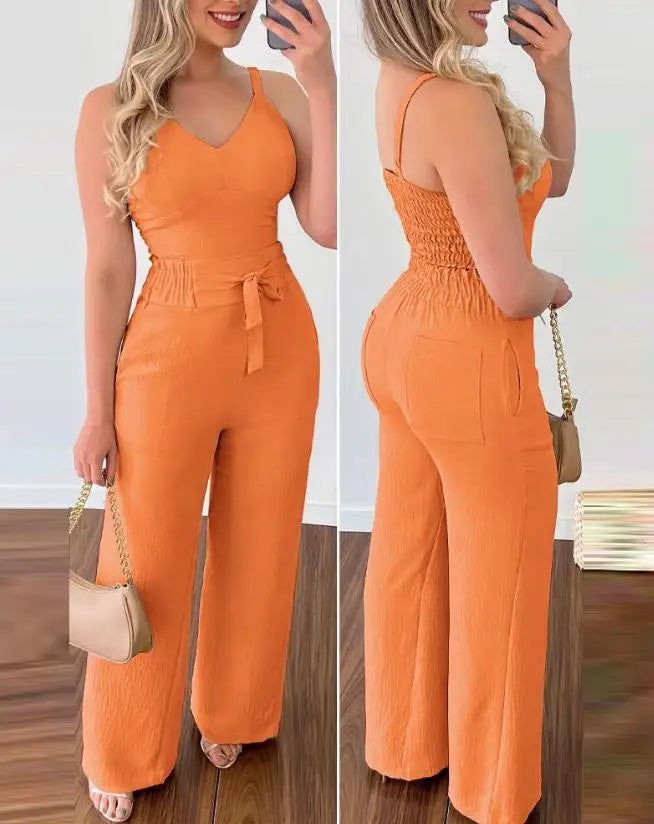 Women's Casual Summer Two-Piece Solid Color V-Neck Elastic Vest Top and High Waisted Pocket Tied Wide Leg Commuting Pants Set