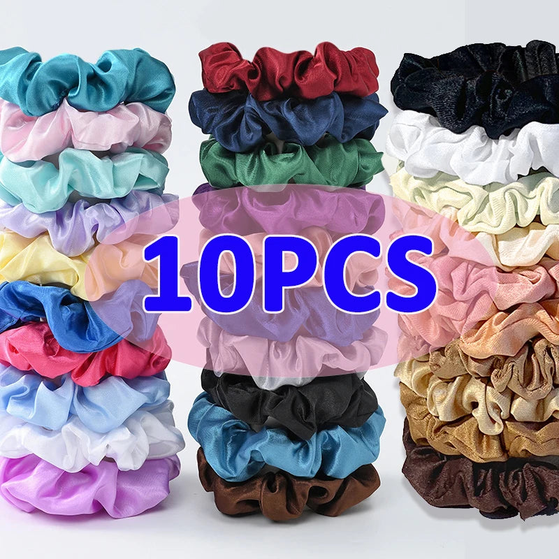 10pcs/pack Women Colorful Satin Silk Scrunchies Elastic Hair Bands Solid Color Dot Hair Ties Ponytail Holder Hair Accessories