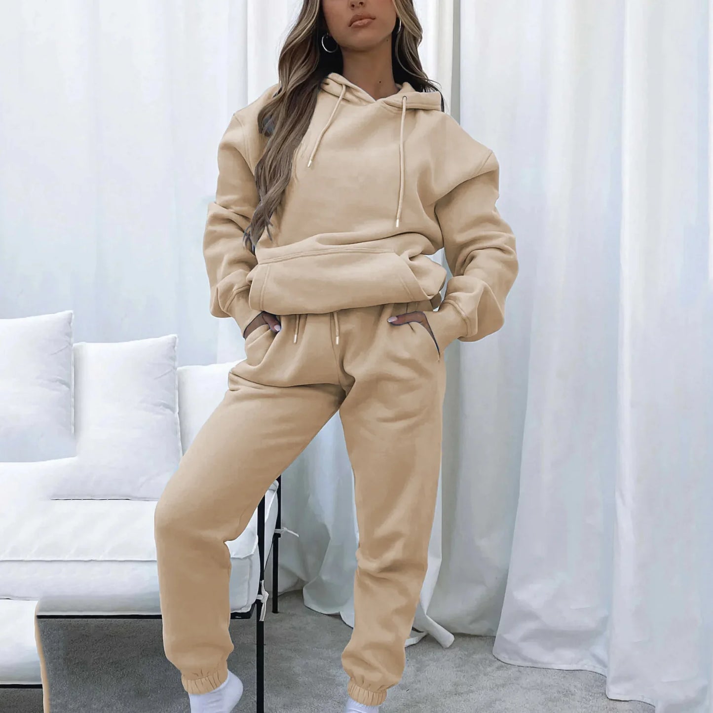 Women Two Piece Sets Tracksuit outfit Hooded Sweatshirts Pocket Drawstring Long Pants Suit Thick Casual Office Lady Autumn