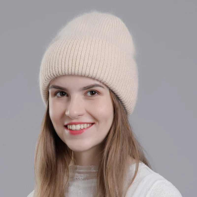 CNTANG Real Rabbit Fur Hat Winter Warm Beanies For Women Fashion Cute With Decorate Rhinestone Cap Female Casual Knitted Hats