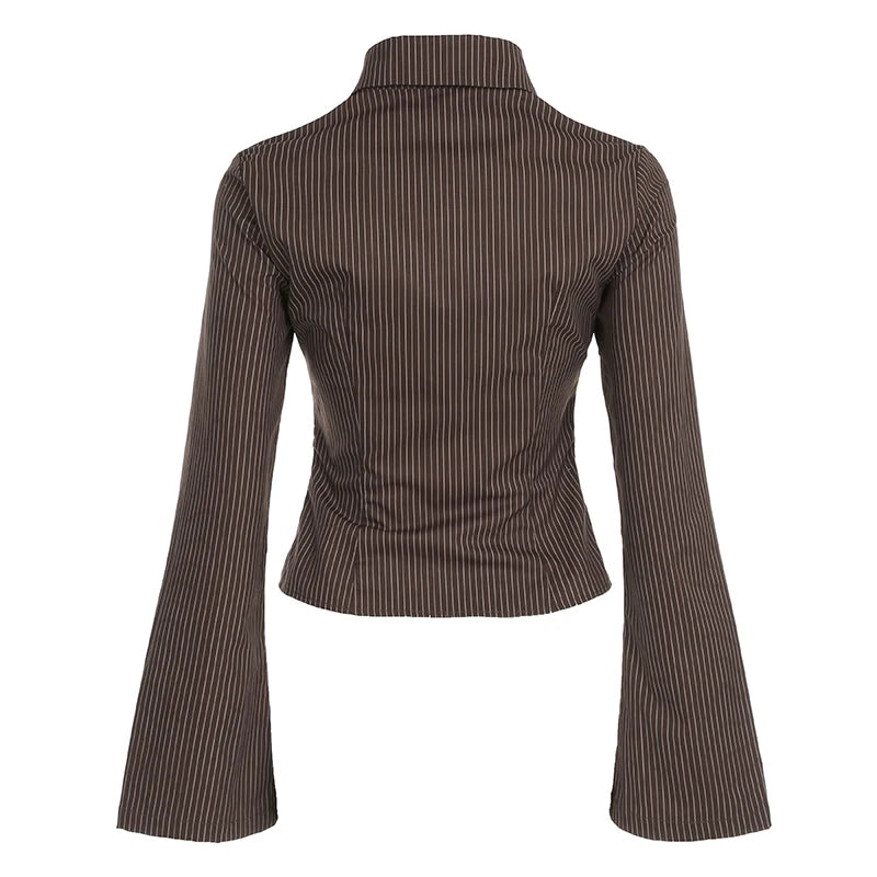 IAMHOTTY Vintage Striped Blouses Brown Button-up Slim-fit Shirts Office Ladies High Street Turn-down Collar Flared Sleeve Tops