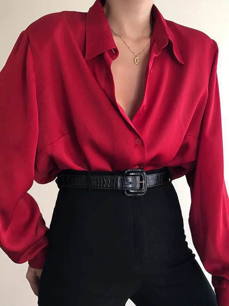 Women Button Blouses Turn Down Collar Shirts Office Lady Long Sleeve Casual Blouse Loose OL Shirt Baggy Tops Red/Wine Red /Black