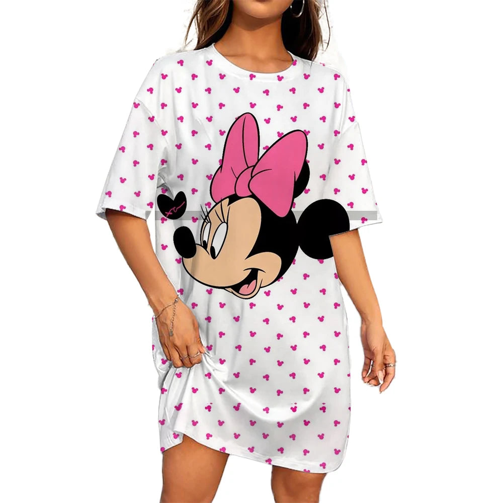 Disney Mickey Mouse Casual Dress – Loose Fit, Round Neck, Short Sleeve, Summer Party Style.