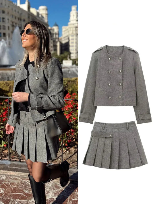 Women's Skirt 2-Piece Set Female New Fashion Series Breasted Wool Blend Jacket+Elegant Slim Zipper Wide Hem Pleated Skirt