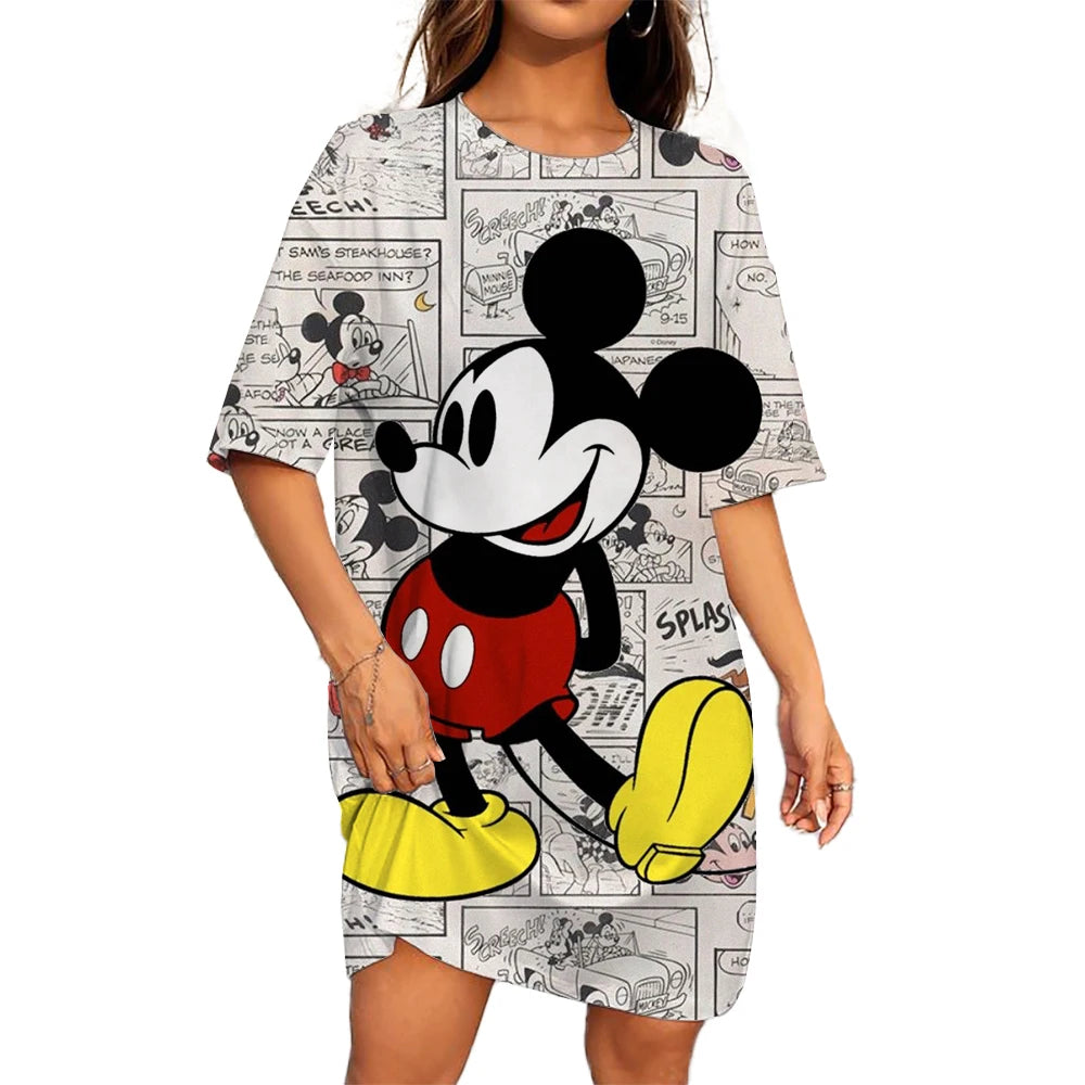 Disney Mickey Mouse Casual Dress – Loose Fit, Round Neck, Short Sleeve, Summer Party Style.