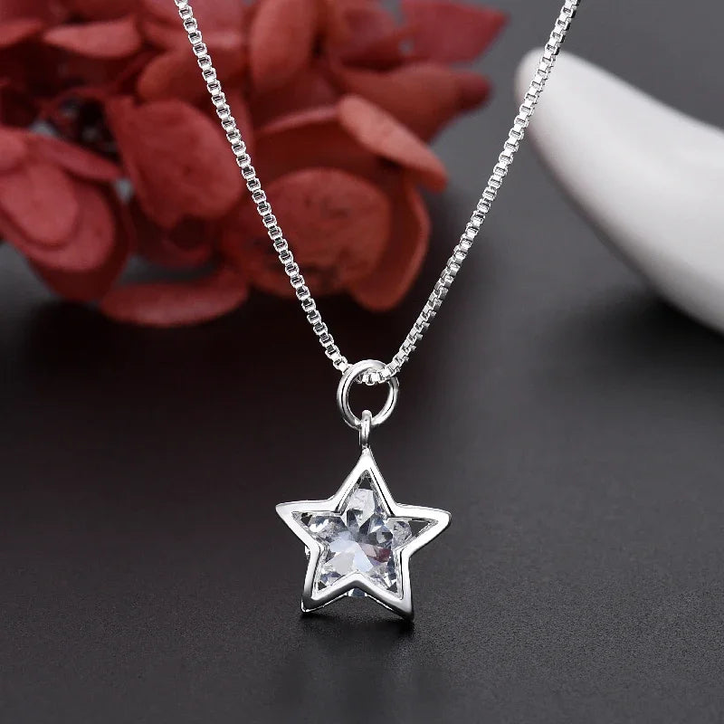 New korean fashion 925 Sterling Silver pretty Shining Crystal Star necklace for Women Party Wedding accessories Jewelry gifts