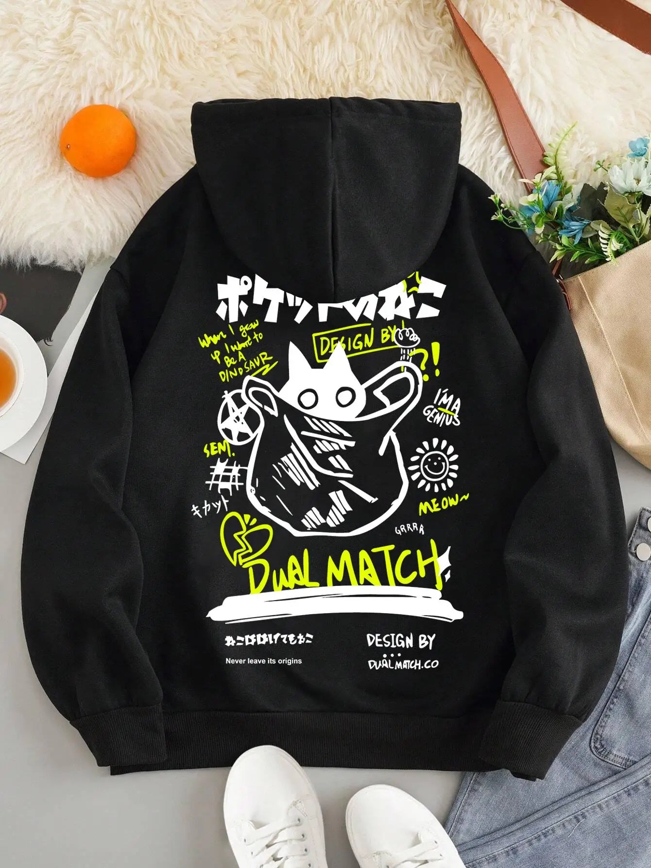 Cute Cat Cartoon Print Hoodie for Women