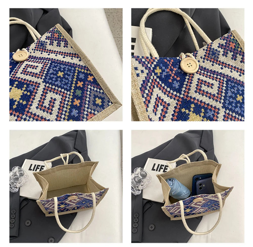 New Linen Bag Women Ethnic Patterns Handbag Eco-Friendly Grocery Bag Gift Bag With Handle Portable Casual Button Tote Bag Pouch