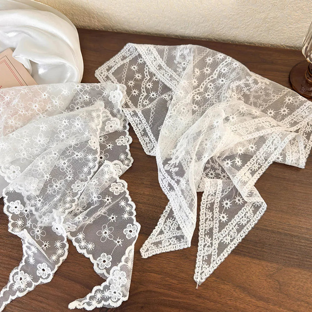 Summer White Woven Floral Lace Hair Scarf Wraps Women Retro Triangle Headscarf Hat Travel Photo Headband Hair Accessories INS