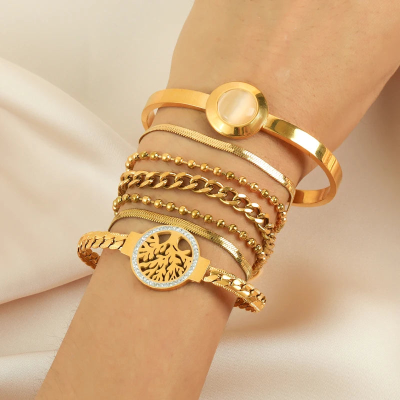 GANEMLY 316L Stainless Steel Tree of Life Bracelet For Women Fashion 18K Gold Plated Wrist Chain Waterproof Jewelry Lady Gift