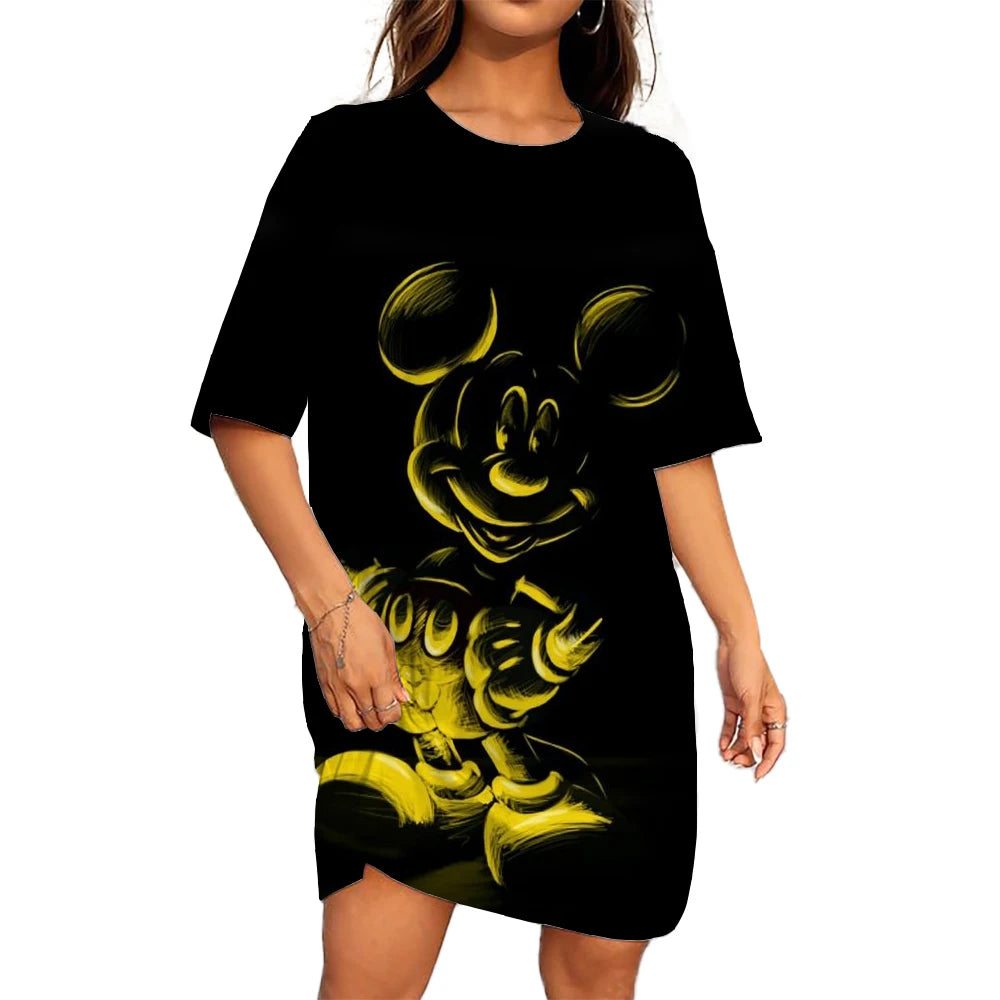 Disney Mickey Mouse Casual Dress – Loose Fit, Round Neck, Short Sleeve, Summer Party Style.